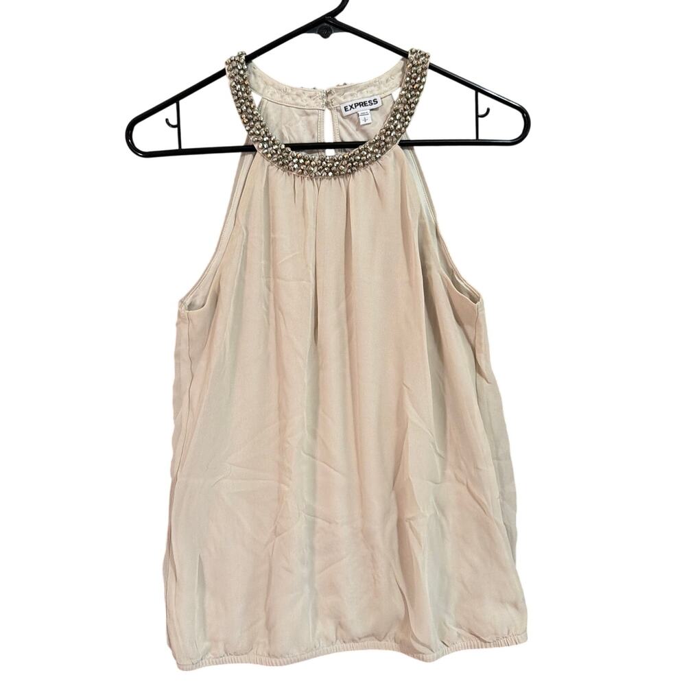 Express Womens Blouse Champagne Bejeweled High Neck Flowy Sleeveless Small